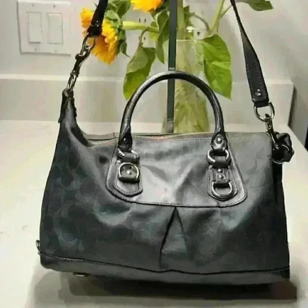 Coach Ashley F18777 Charcoal Gray Sateen Leather Signature Shoulder/Handbag